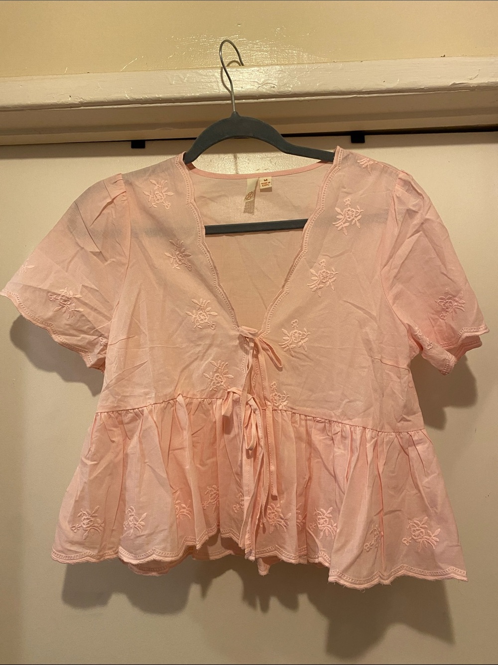 Pink Embroidered Tie-Front Peplum Blouse
